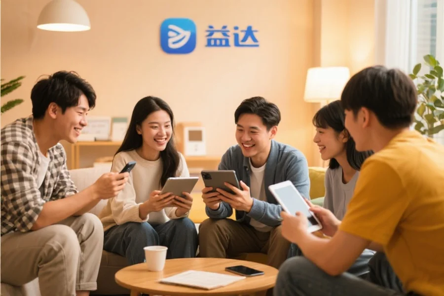 一群年轻用户围坐在一起，使用平板和手机愉快地交流，背景温馨现代，象征恒盛应用的社区活跃氛围